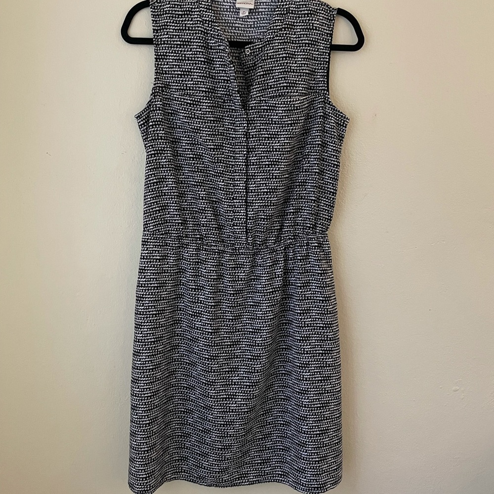 Above the knee, sleeveless, cinched waste, pockets